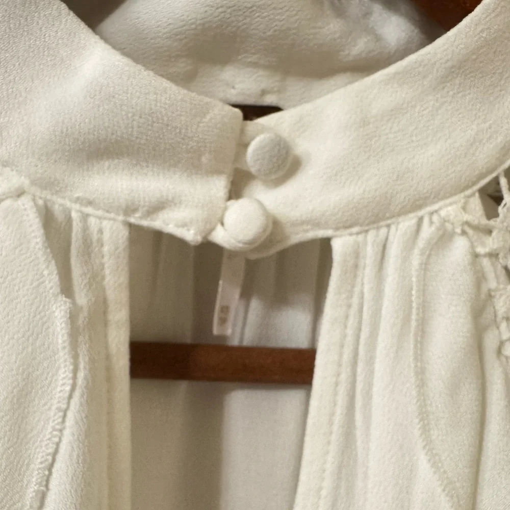 Free People Ivory Lace Yoke Blouse Boho Ruffle Peasant Top M - Picture 5 of 8